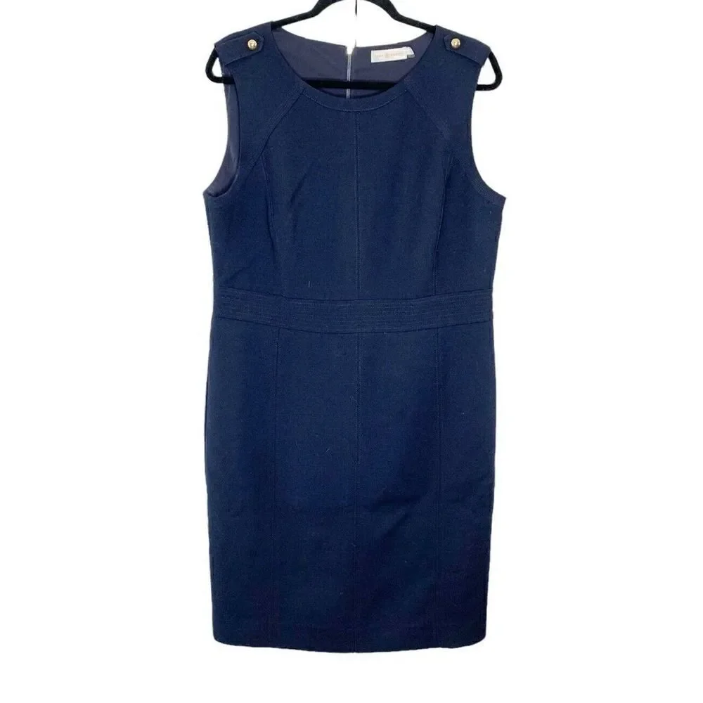 Tory Burch Women’s Wool Blend Evelina Sheath Dress size 14 Navy Blue Gold Detail